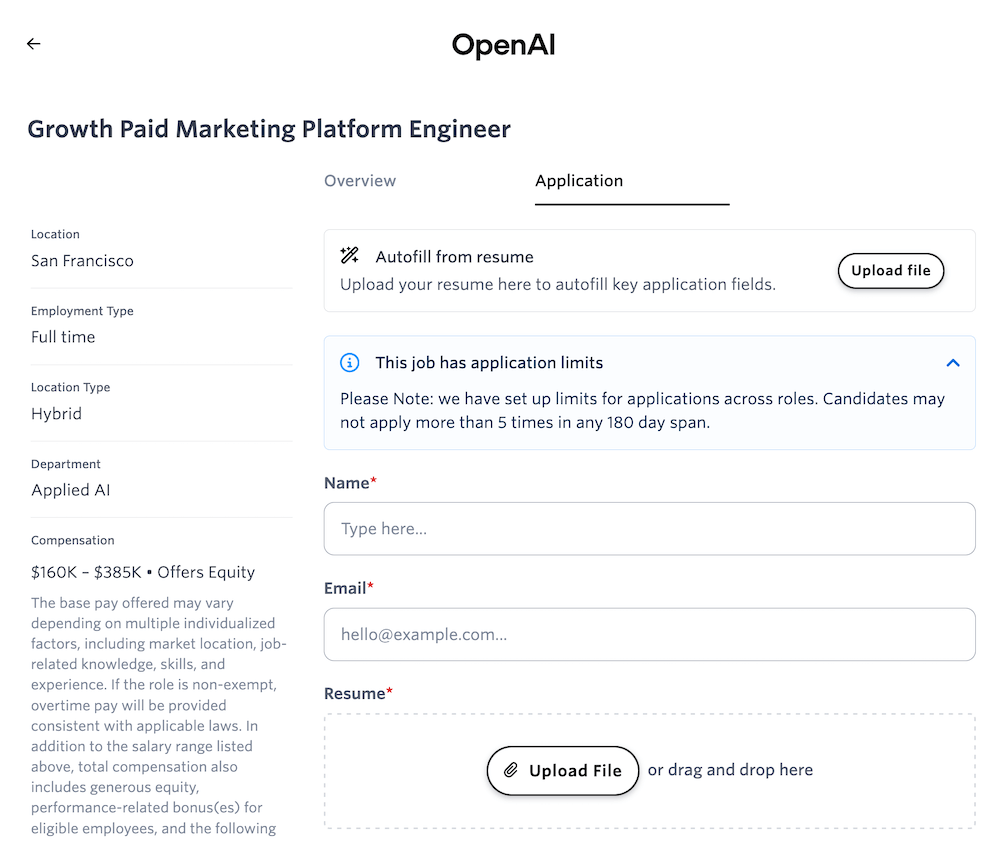 OpenAI вакансия Growth Paid Marketing Platform Engineer с зарплатой от $160 тыс. до $385 тыс