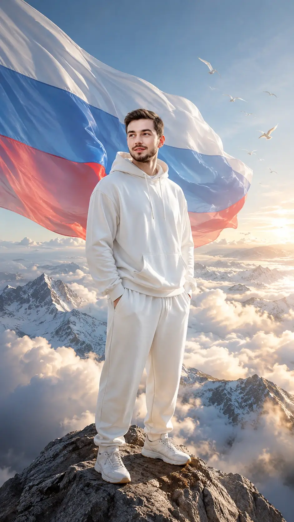 Идея для открытки на фоне флага России (триколора)