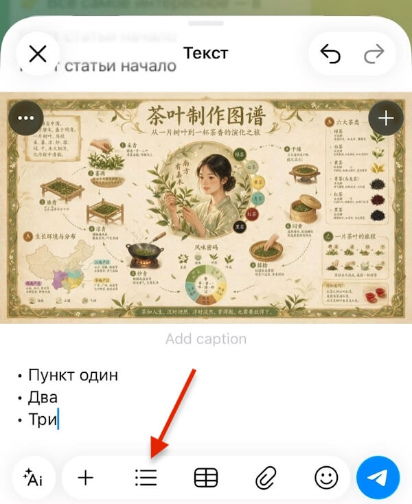 Как вставить список в статью в ТГ