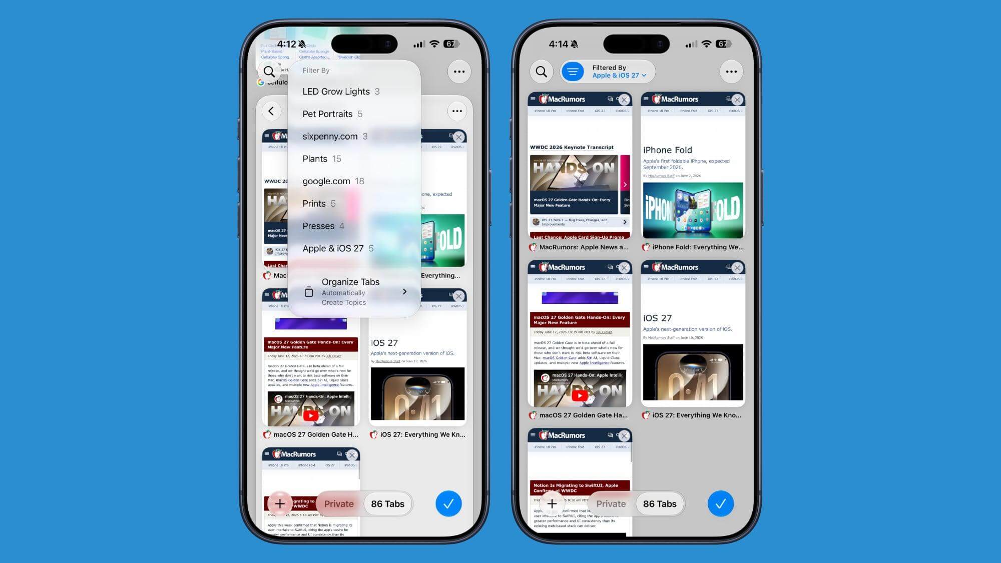 Safari автоматически группирует десятки открытых вкладок